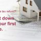 Model of a house sitting on a pile of money with the caption "Getting a tax refund? Put it down on your first home."
